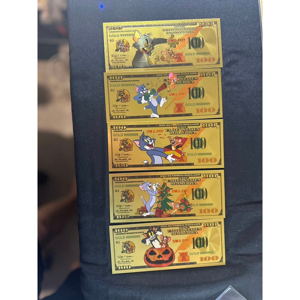 Tom and Jerry Gold Foil Collectible Notes 5 Piece Cartoon Set